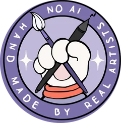 A circular sticker with the words: 'No AI. Hand made by real artists.'